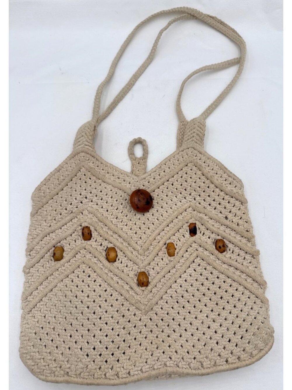 Handmade Crochet Shoulder Bag Wooden Button & Bead Accents Cream Color10x10" App